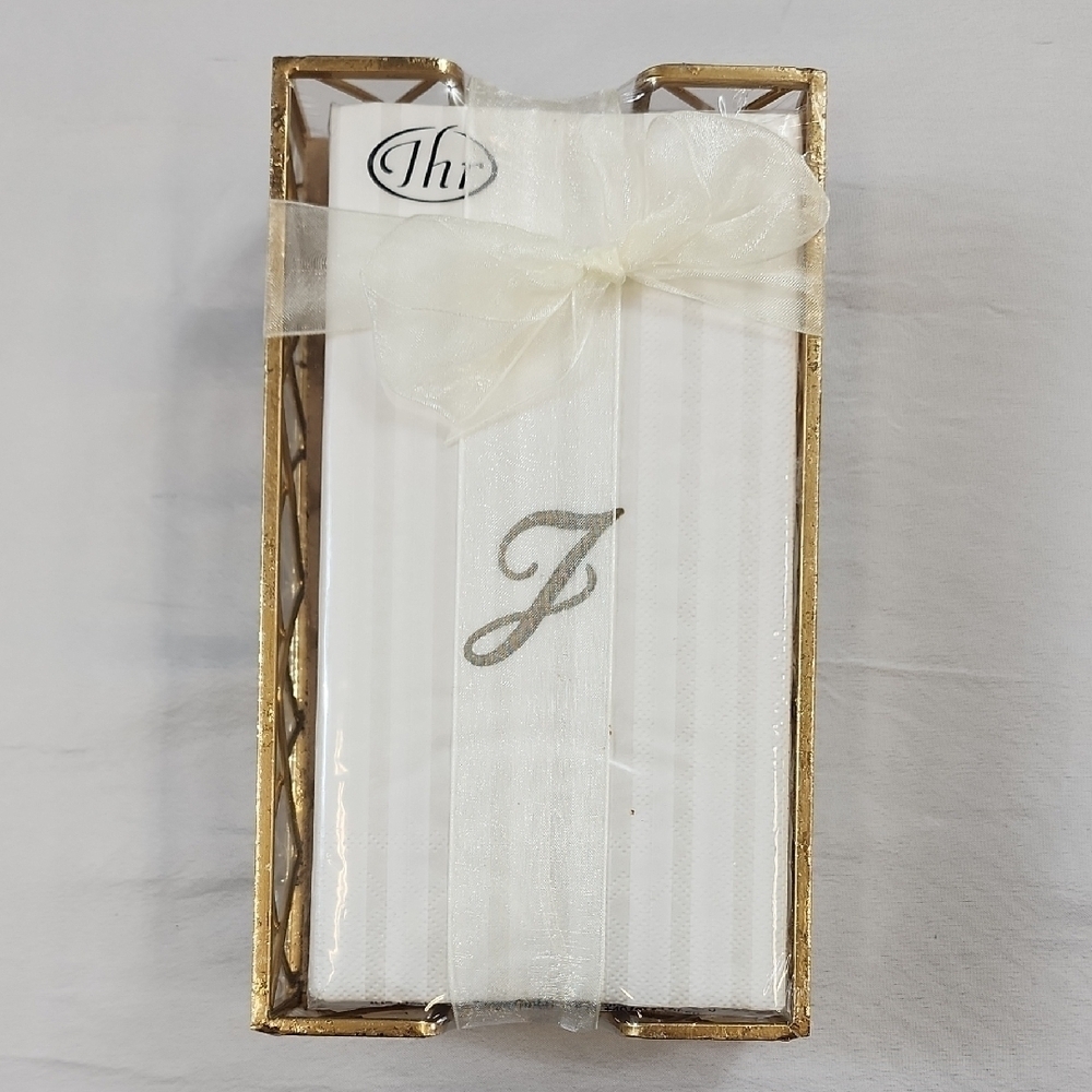 THR Home Decorative 16x White Napkins Monogrammed "J" Gold Napkin Holder NWT